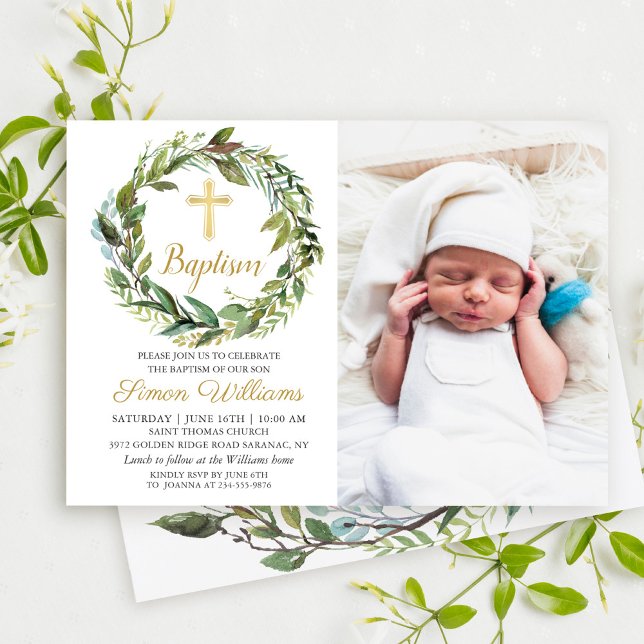 Invitation Green Wreath Gold Cross Boy Baptism Photo (Créateur téléchargé)