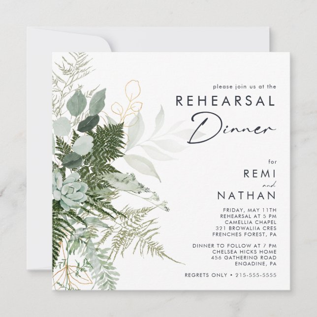 Invitation Greenery and Gold Leaf Square Rehearsal Dinner (Devant)