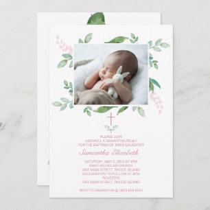 Invitation Greenery Baptism Invite Girl Photo