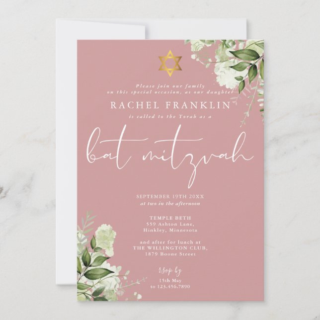 Invitation Greenery Dusty Rose Pink Monogram Bat Mitzvah (Devant)
