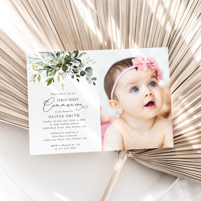 Invitation Greenery, Eucalyptus Leaves, First Holy Communion (Créateur téléchargé)