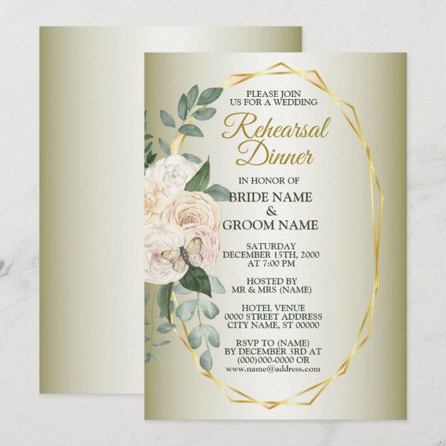 Invitation Greenery Floral Gold Geometric Rehearsal Dinner (Devant / Derrière)