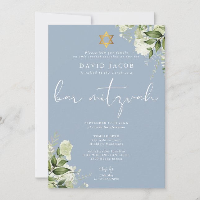 Invitation Greenery Floral Monogram Blue Bar Mitzvah (Devant)