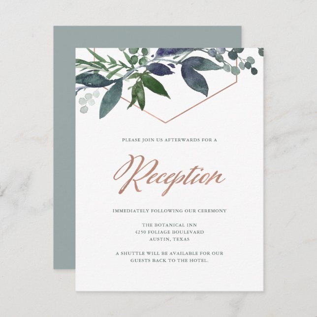 Invitation Greenery Geo | Réception de mariage en rose gold (Devant / Derrière)
