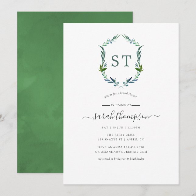 Invitation Greenery Laurel Crest Fête de Mariage (Devant / Derrière)