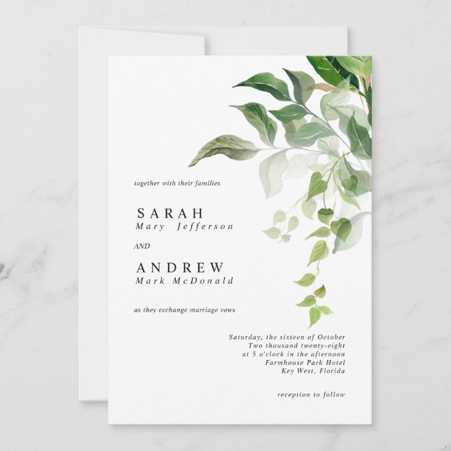 Invitation Greenery Leaves Modern Minimal Wedding (Devant)