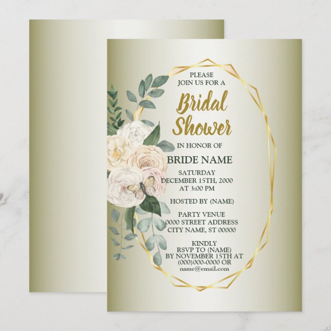 Invitation Greenery  Pink Floral Gold Geometric Bridal Shower (Devant / Derrière)