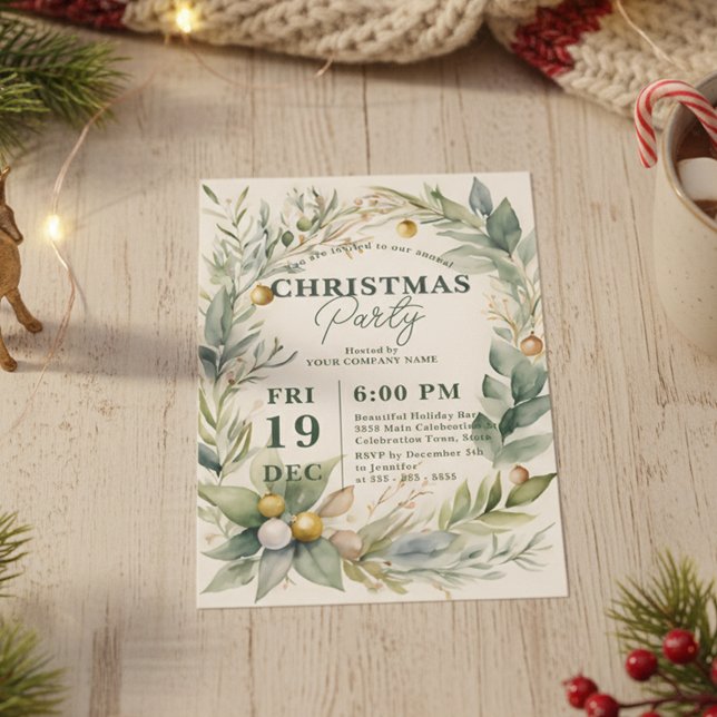 Invitation Greenery Watercolor Bauble Wreath Christmas Party (Créateur téléchargé)