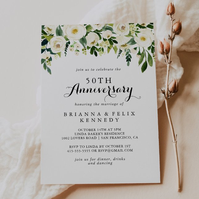 Invitation Greenery White Floral 50e anniversaire de mariage (Créateur téléchargé)