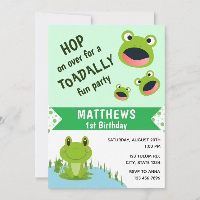 Invitation Grenouille 1er anniversaire Fête de bébé un an (Devant)