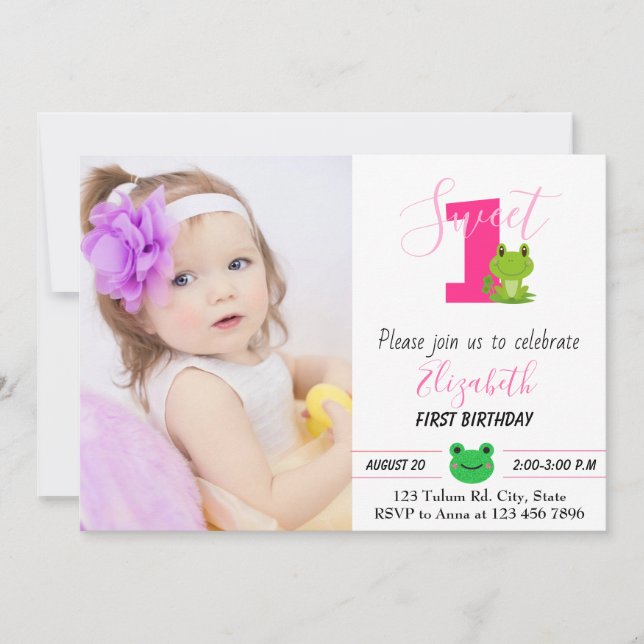 Invitation Grenouille 1er anniversaire fille photo princesse (Devant)