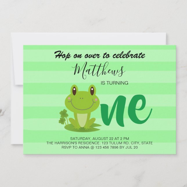 Invitation Grenouille 1er anniversaire rayures de fête Invita (Devant)