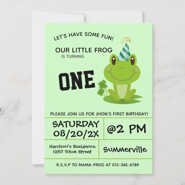 Invitation Grenouille 1ère fête d'anniversaire Un an Froggy v (Devant)