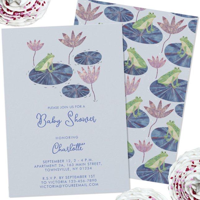 Invitation Grenouille dans un Baby shower mignon en étang Lil (Frog fun gender neutral boy or girl baby shower invitation with custom text)