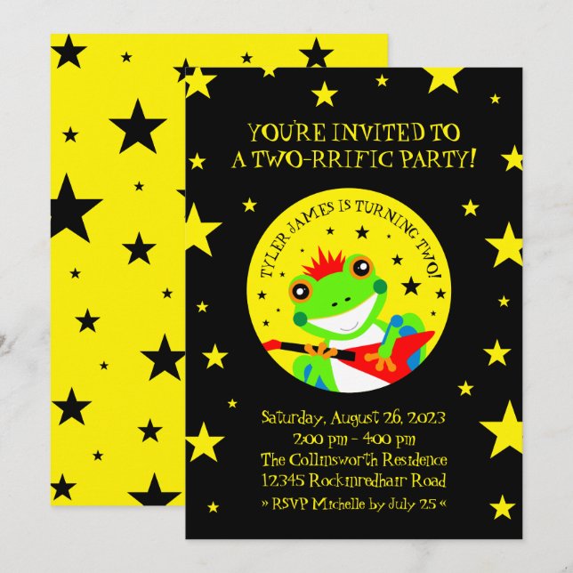 Invitation Grenouille d'arbre d'anniversaire de Rockin avec g (Devant / Derrière)