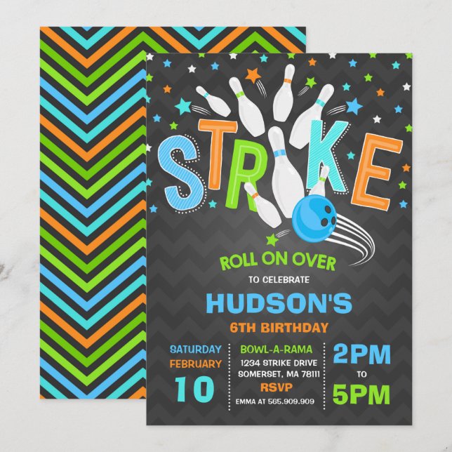Invitation Grève de fête d'anniversaire de bowling (Devant / Derrière)