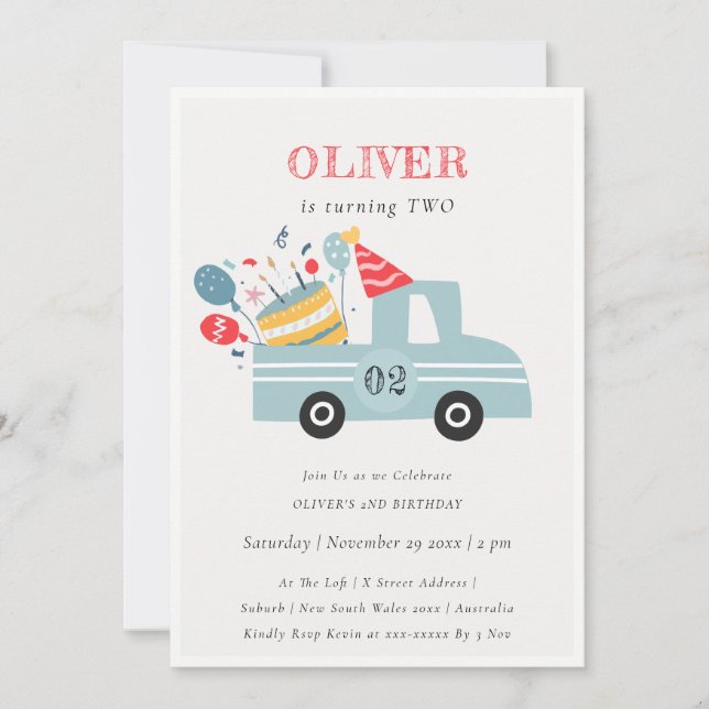 Invitation Grey Blue Any Age Birthday Party Cake Truck (Devant)