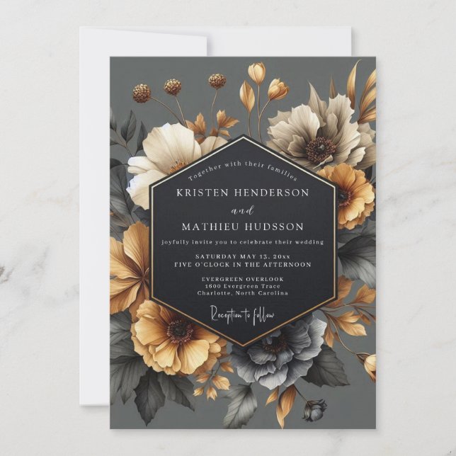 Invitation Grey Floral Autumn Romance Wedding (Devant)