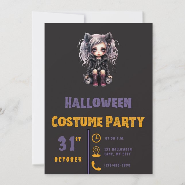 Invitation Grey Haired Gothic Girl Black Halloween Invitat (Devant)