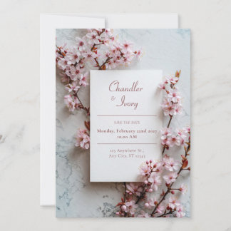 Invitation Grey Marble Pink Sakura Botanical Frame Wedding