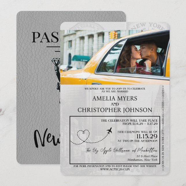 Invitation Grey New York City Passport Mariage (Devant / Derrière)