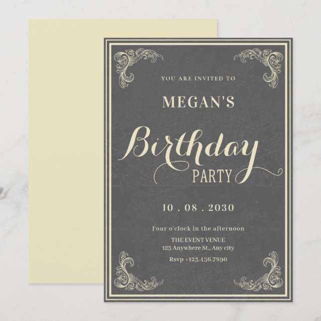 Invitation Grey vintage elegant birthday  (Devant / Derrière)