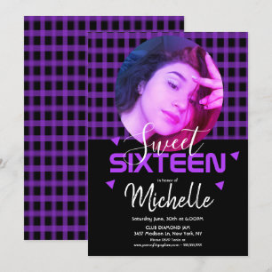 Invitation Grille de photos Sweet Sixteen Violet Néon