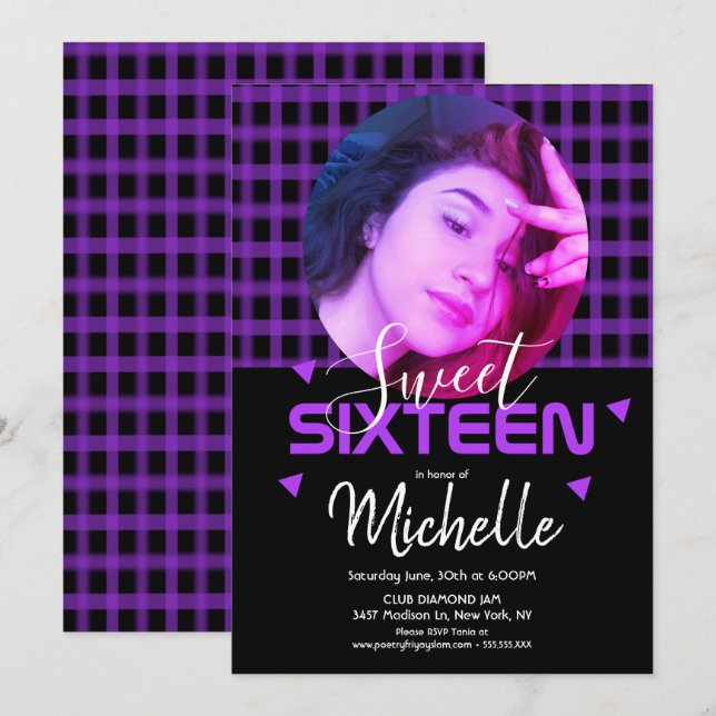 Invitation Grille photo Neon Purple Sweet sixteen (Devant / Derrière)