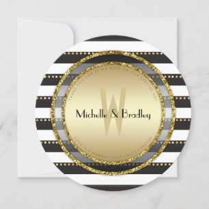 Invitation Grilles funky noir blanc et Mariage rond or