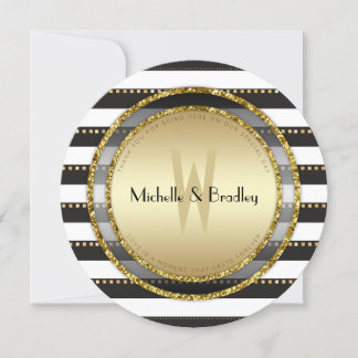Invitation Grilles funky noir blanc et Mariage rond or