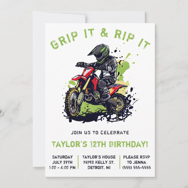 Invitation Grip It & Rip It! Motocross, Vélo Dirt Anniversair (Devant)