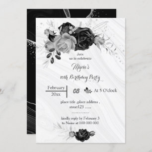 Invitation gris argent et fleurs noires anniversaire
