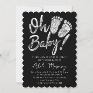 Invitation Gris Argent Pieds bébé fille garçon douche noir