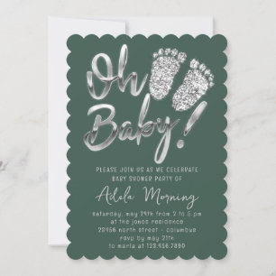 Invitation Gris Argent Pieds bébé fille garçon douche vert