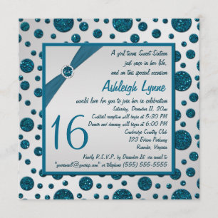Invitation Gris argenté, bonbon turquoise 16 à point de polka