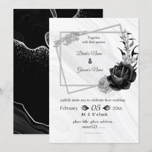 Invitation gris argenté et noir mariage géométrique botanique