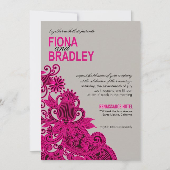 Invitation Gris aztèque de fuschia de mariage de Paisley (Devant)