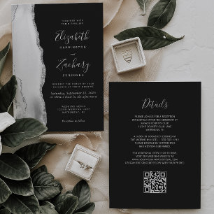 Invitation Gris Blanc Argent Agate Ardoise Code QR Mariage
