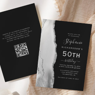 Invitation Gris Blanc Argent Agate Code QR 50e Anniversaire