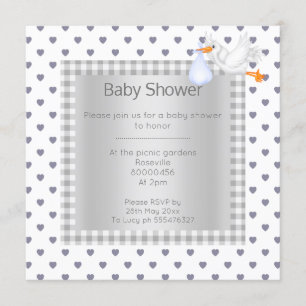 Invitation Gris blanc En vichy bébé douche simple cigogne