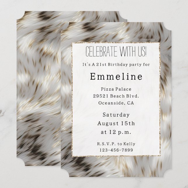 Invitation Gris Blanc Or Faux Fur (Devant / Derrière)