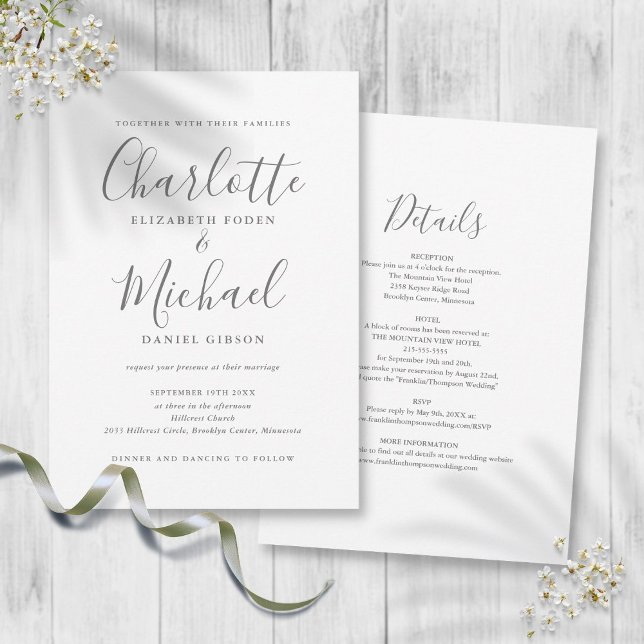 Invitation Gris Blanc Simple Tout en un Mariage de script chi (Gray White Simple All In One Chic Script Wedding Invitation)
