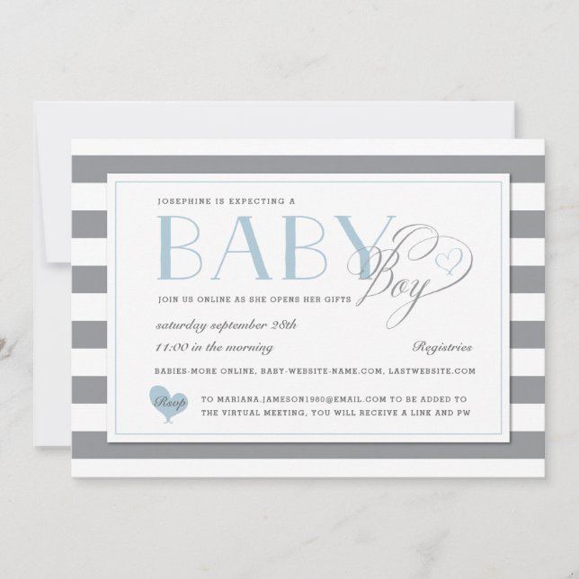 Invitation Gris Bleu clair garçon Baby shower virtuel (Devant)