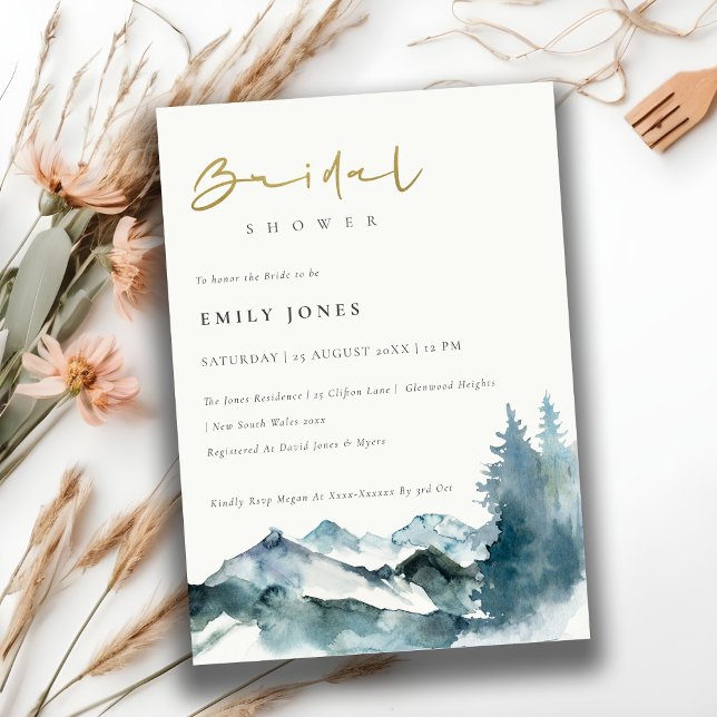 Invitation Gris Blush Blue Mountains Pine Fête des mariées (Créateur téléchargé)