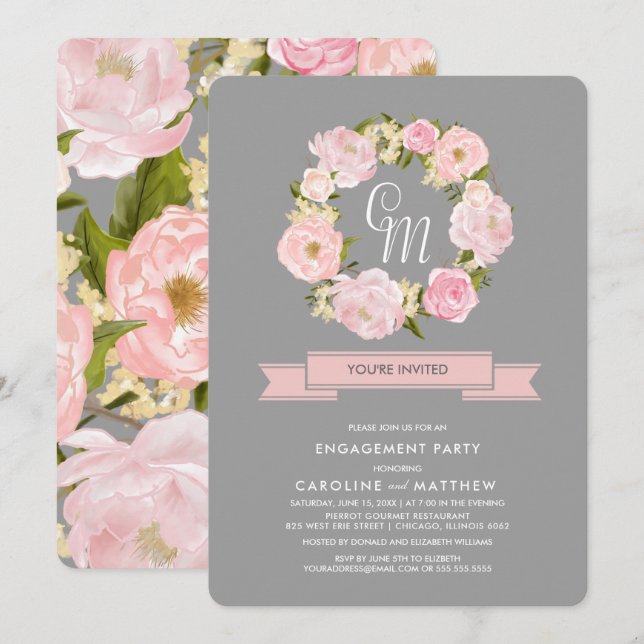 Invitation Gris | Blush Pink Wreath Party (Devant / Derrière)