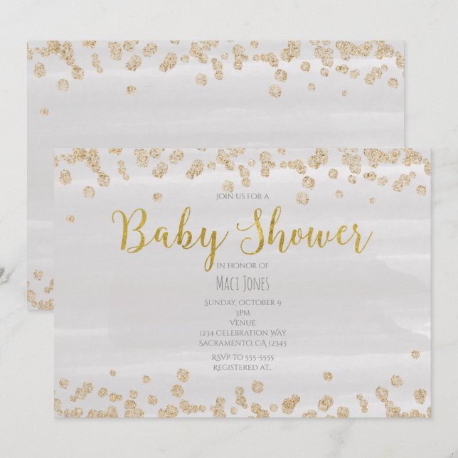 Invitation Gris clair et doré saupoudrer bébé douche Invitati (Devant / Derrière)