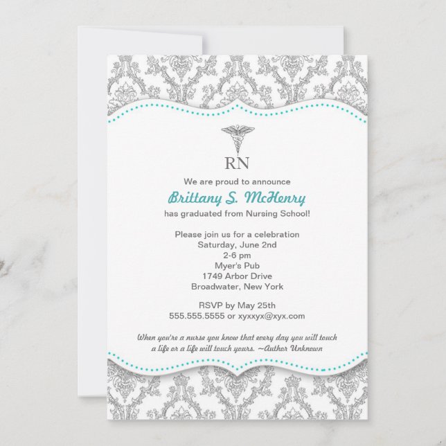 Invitation Gris classique et turquoise Épinglage de diplôme e (Devant)