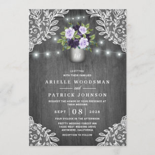 Invitation Gris d'argent violet Floral Russe Mason Jar Mariag
