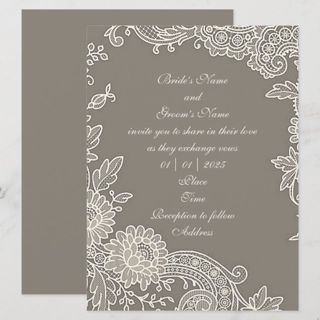 Invitation Gris de kaki profond avec Mariage de défilement fl (Devant / Derrière)