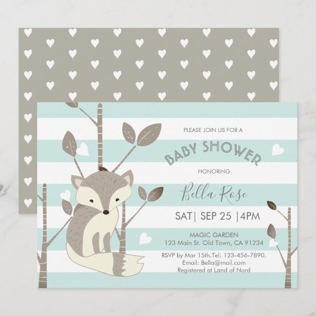 Invitation Gris de menthe Baby shower de coeur Fox (Devant / Derrière)